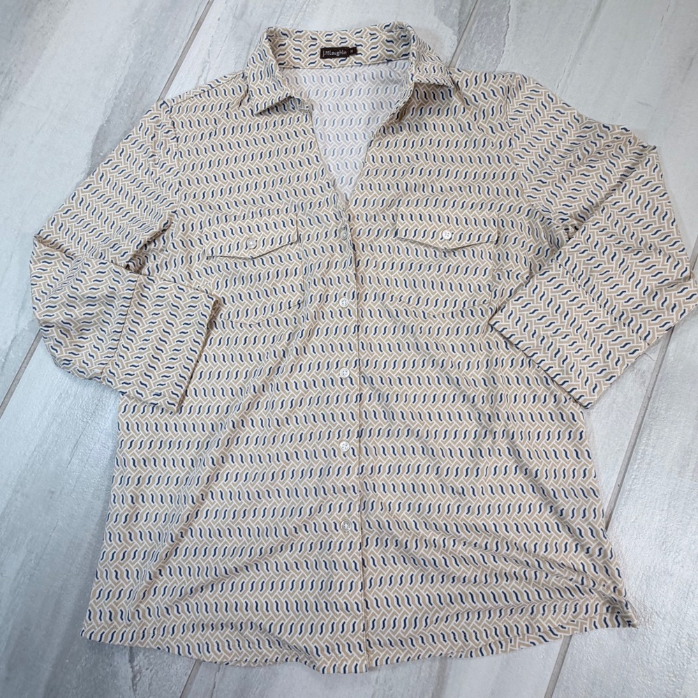 J.McLaughlin Womens M Tan Navy Geometric Catalina Cloth Button Down Shirt